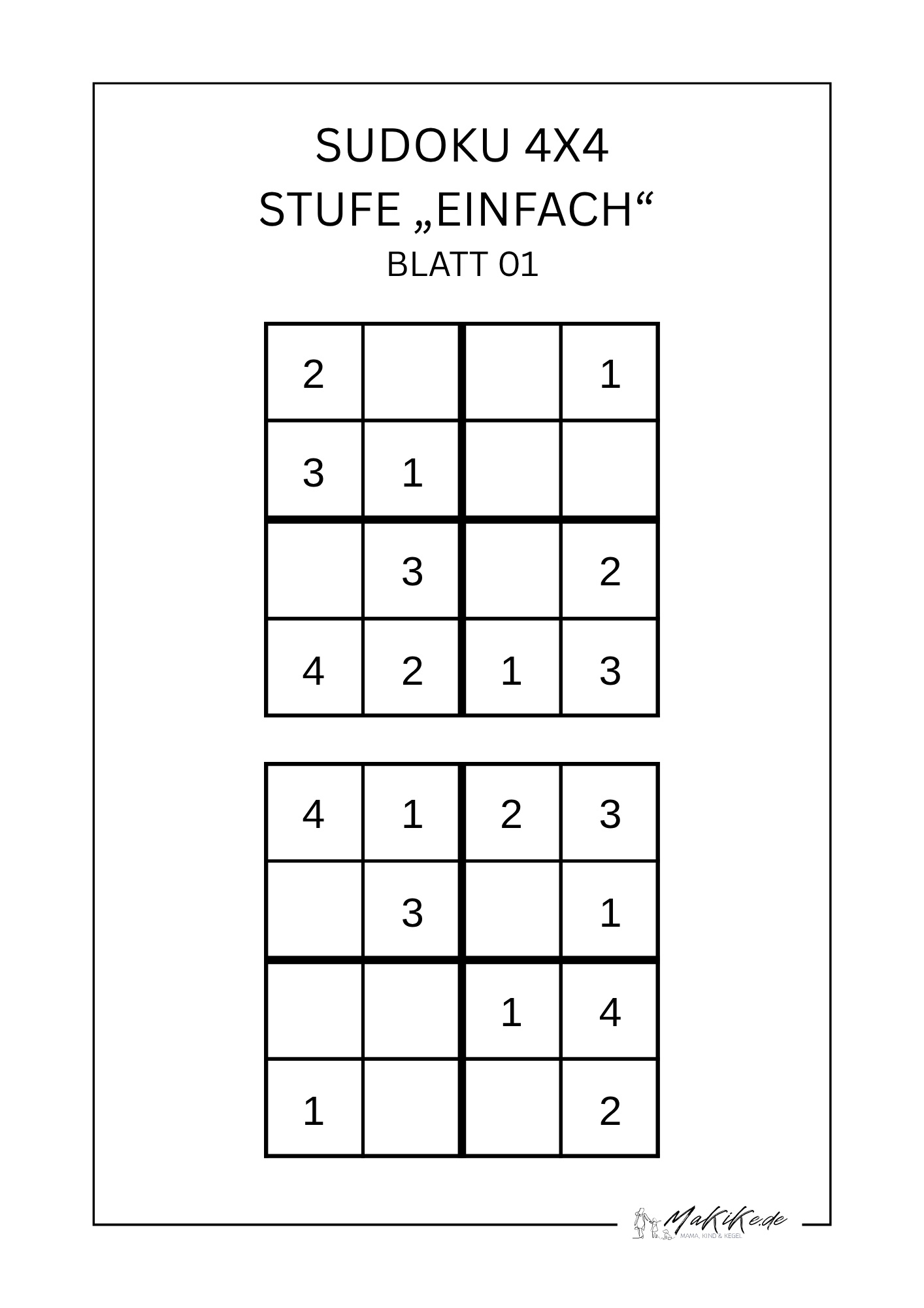 Kostenlose Sudoku für Kinder – Ausdrucken & Lösen 1 Sudoku Blatt 01
