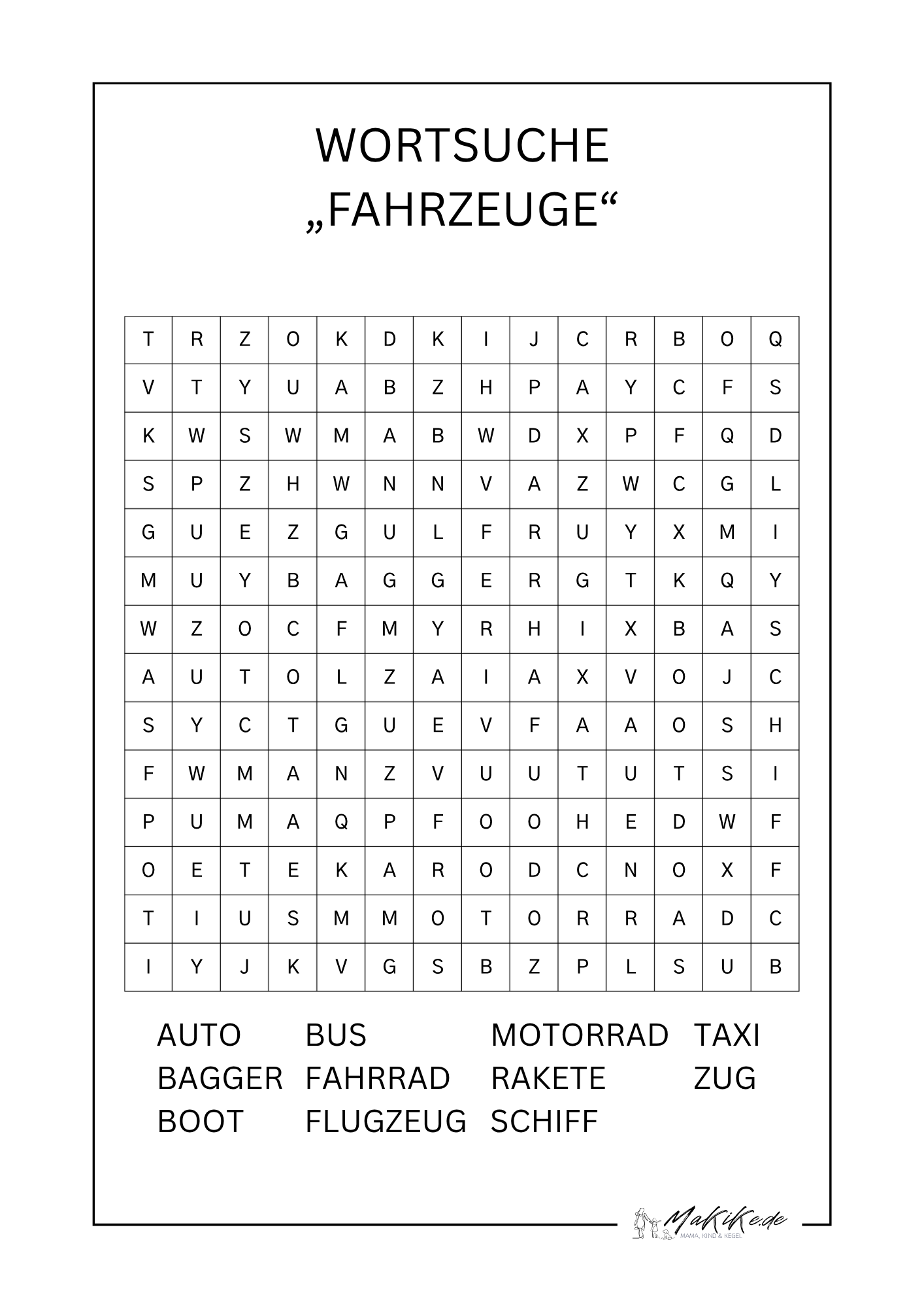 Kostenlose Wortsuchrätsel für Kinder – Ausdrucken & Lösen 5 Wortsuche Fahrzeuge