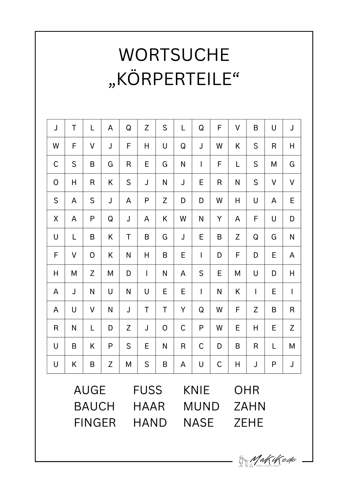 Kostenlose Wortsuchrätsel für Kinder – Ausdrucken & Lösen 9 Wortsuche Koerperteile