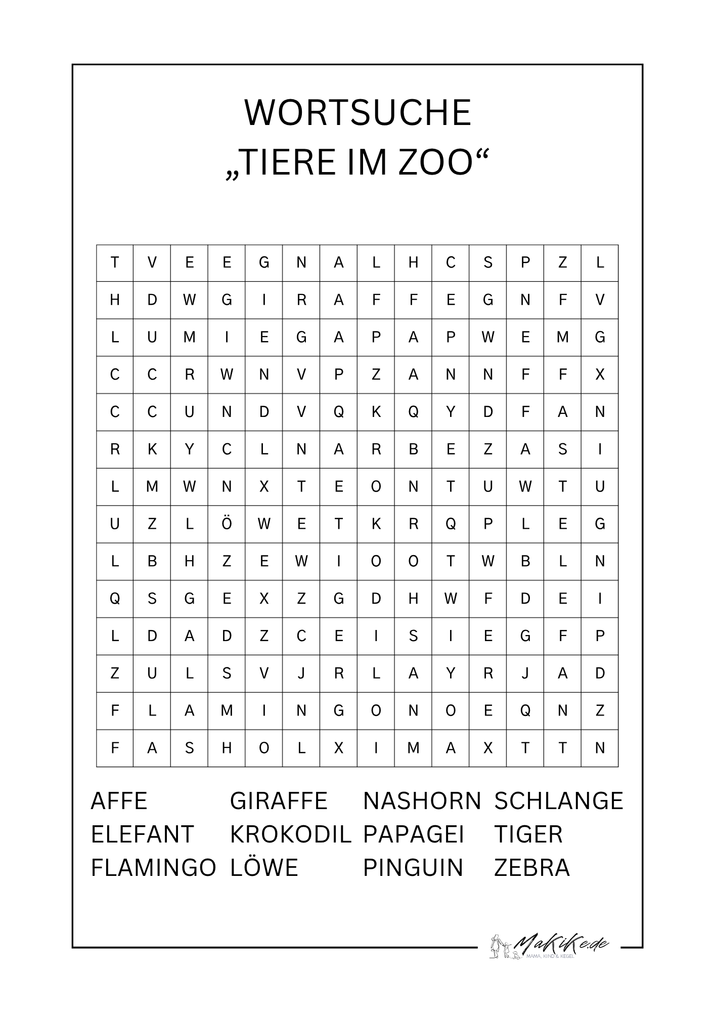 Kostenlose Wortsuchrätsel für Kinder – Ausdrucken & Lösen 16 Wortsuche Tiere im Zoo