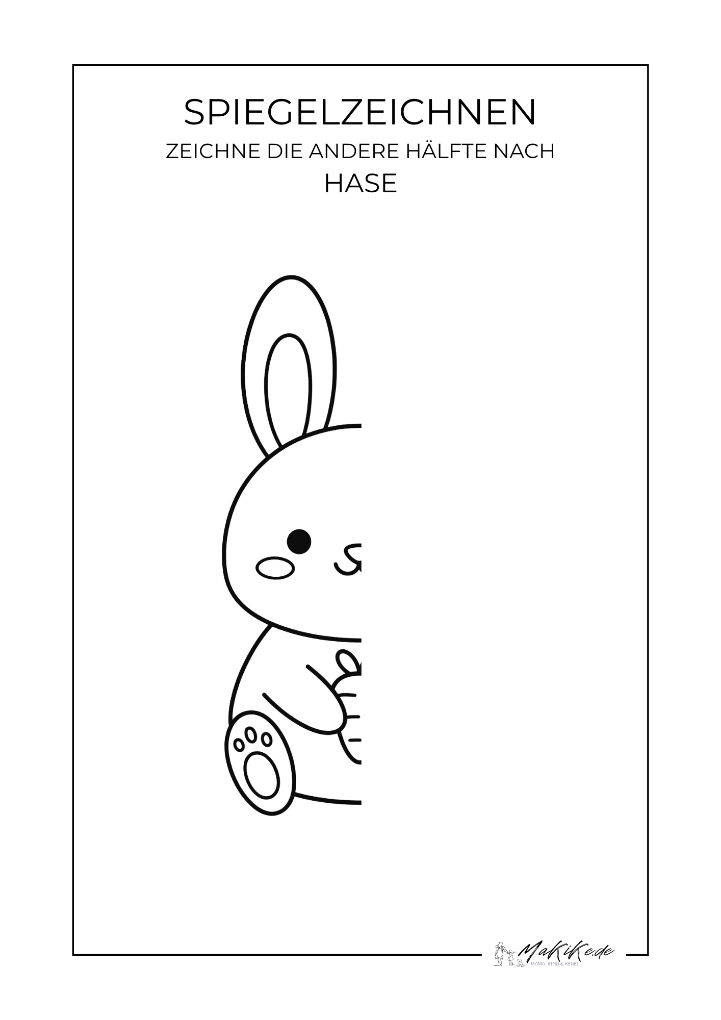 Kostenlose Spiegelzeichnen-Übungen für Kinder – die andere Hälfte ergänzen 3 Hase 01